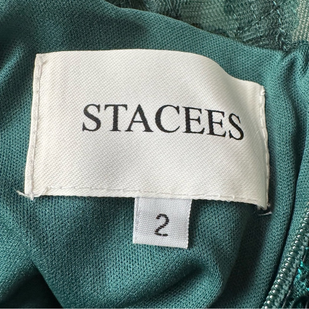 STACEES Dark Green Floral Sheer Corset Sequin Mini Spaghetti Strap Dress Sz 2 - Picture 11 of 16